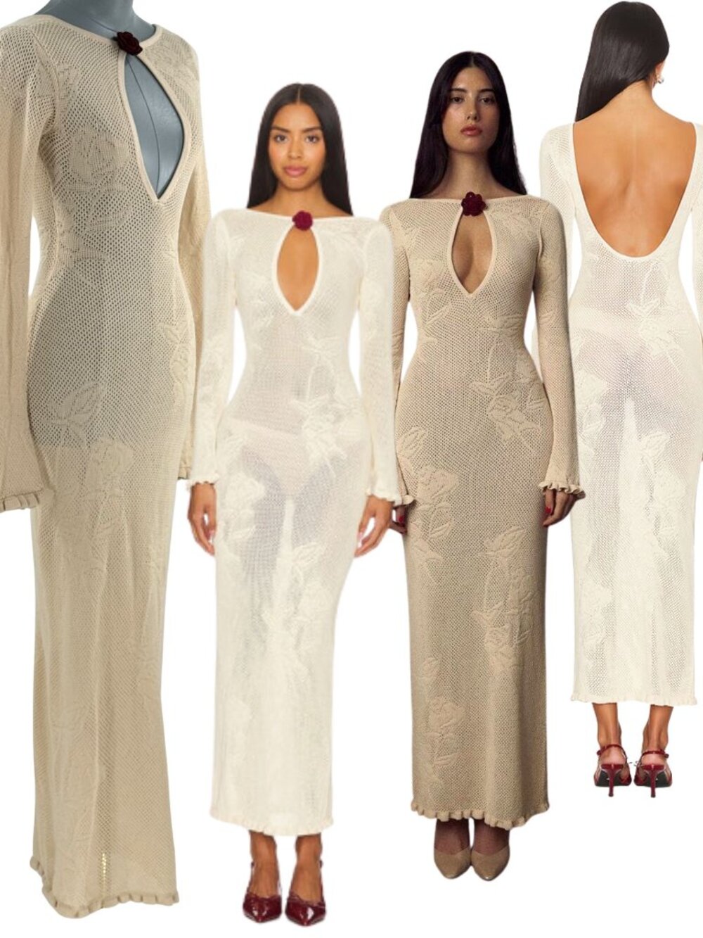 🆕 MIRROR PALAIS 🧿 NWOT Rose Pointelle Crochet Knit Dress, Soft Beige - Sz S